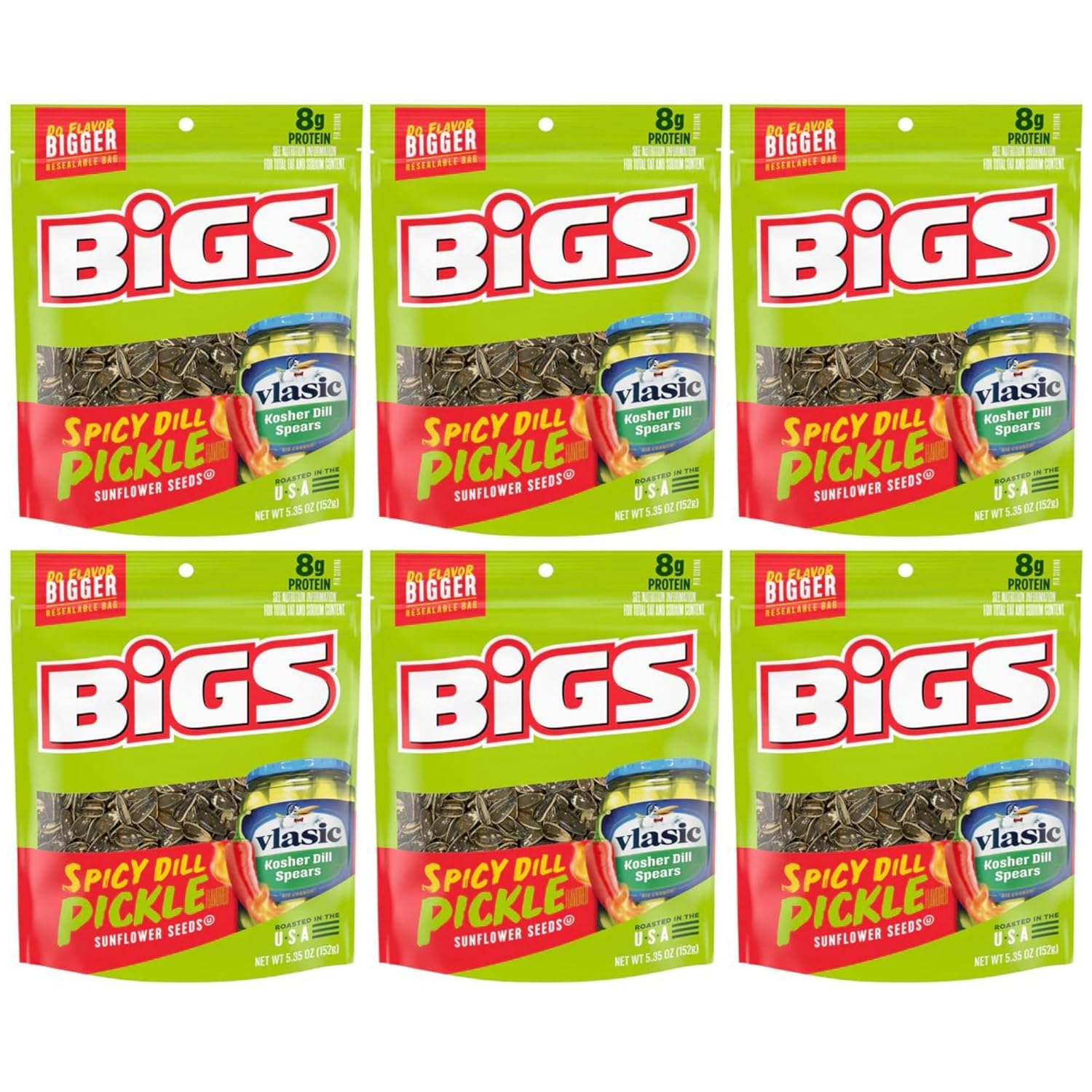 BIGS Vlasic Spicy Dill Pickle Flavored Sunflower Seeds (Pack of 6) 5.35 Oz - In Snack Mass Packaging