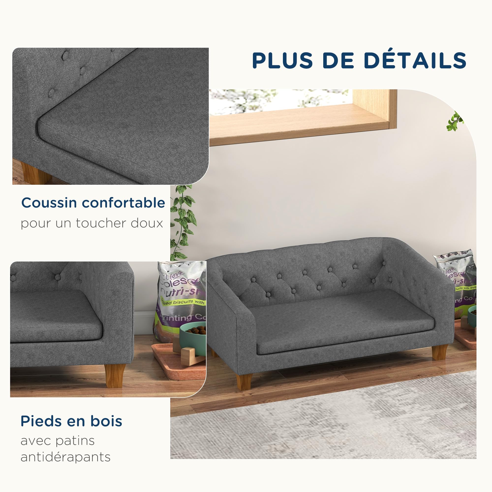 PawHut Canapé pour Chien et Chat, canapé surélevé pour Chiens de Petite et Moyenne Taille, avec Coussin Doux Amovible, Installation Simple, 96 x 60 x 42 cm, Gris