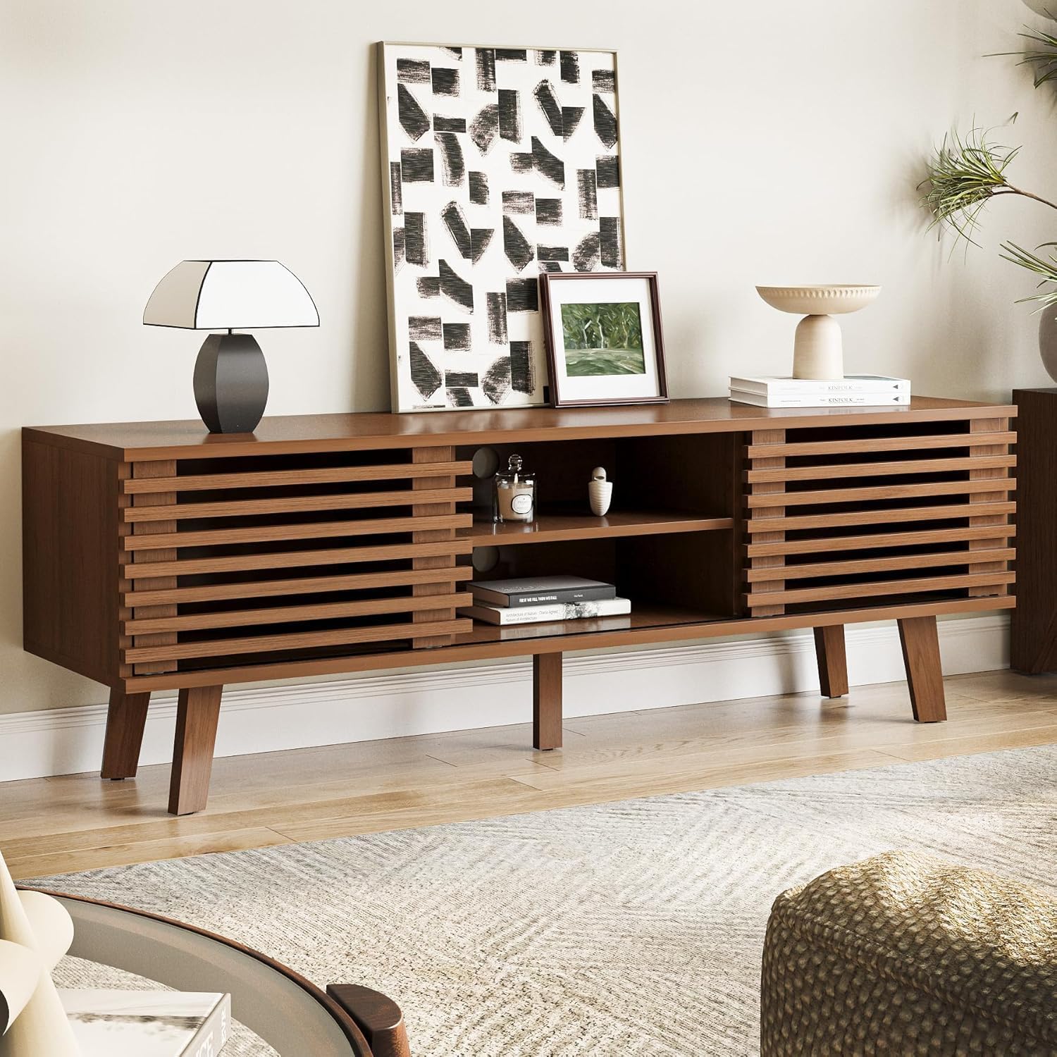 MAISONARIA Living Room Table Sets of 2, Mid Century Coffee Table & Dresser TV Stand, Sliding Door Coffee Table with Storage, Modern TV Stand for Bedroom, Living Room (Walnut)