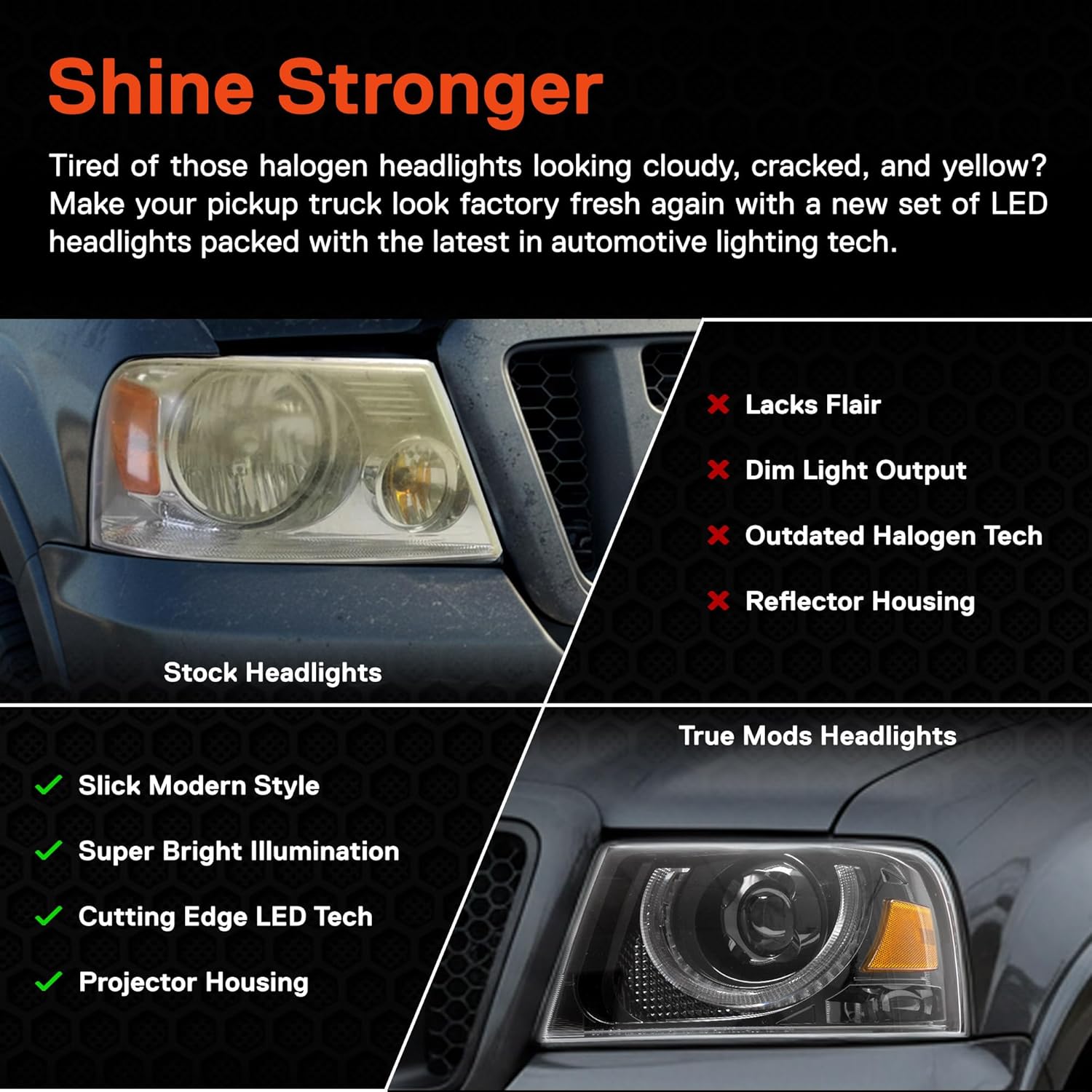 TRUE MODS Black Full LED Headlight Assembly Replacement for 2004-2008 Ford F150 Pickup Truck & 06-08 Lincoln Mark LT [DOT] Amber Turn Signal Driver Passenger High Low Beam Projector Headlamp Housing