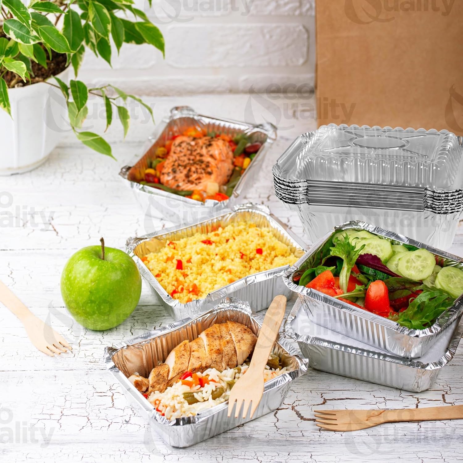 EcoQuality [50 Pack] 1.5LB Oblong Take Out Foil Baking Pans with Dome Lids Shallow - 768 Aluminum Pan for Baking, Roasting, Potluck, Reheating, Catering, Party, BBQ, Baking