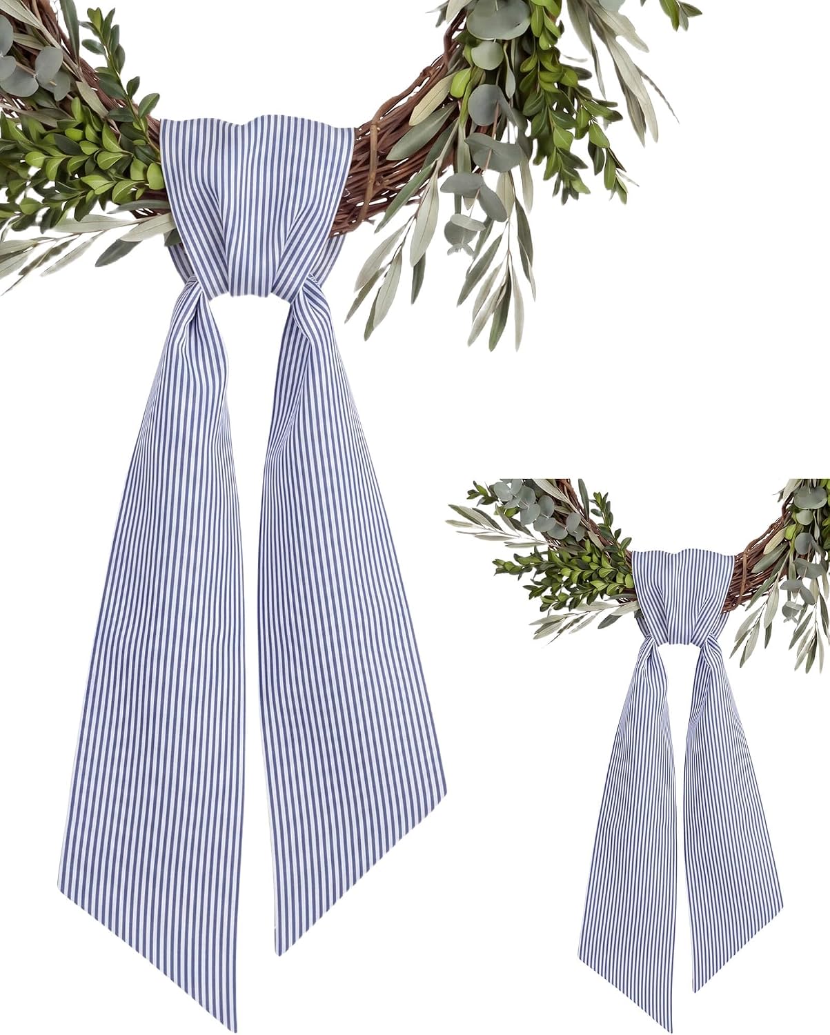 Blue and White Striped Wreath Sash 2 Pack for Front Door, 5.12" x 54.33" Each Summer Nautical Holiday Door Ribbon Decorations Set