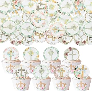 Gyufise 48Pcs Edible Floral Happy Easter Cupcake Toppers Wafer Paper God Bless Cupcake Picks Edible Easter Bunny Cupcake Decors for Baby Shower Birthday Party Supplies