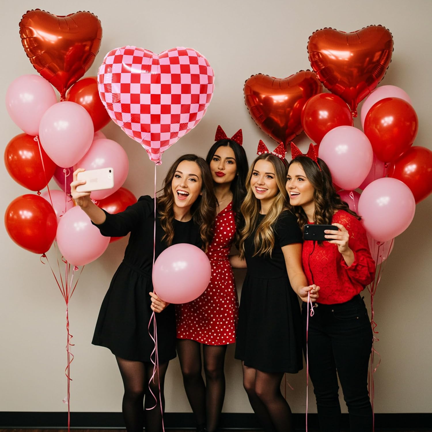 21 Pcs Romantic Anniversary Balloons Set with LOVE Letters, Vintage Pink Plaid Heart & Red Foil Balloons, Red Pink White Latex Kit for Proposal, Wedding, Engagement, Galentines Party Decorations