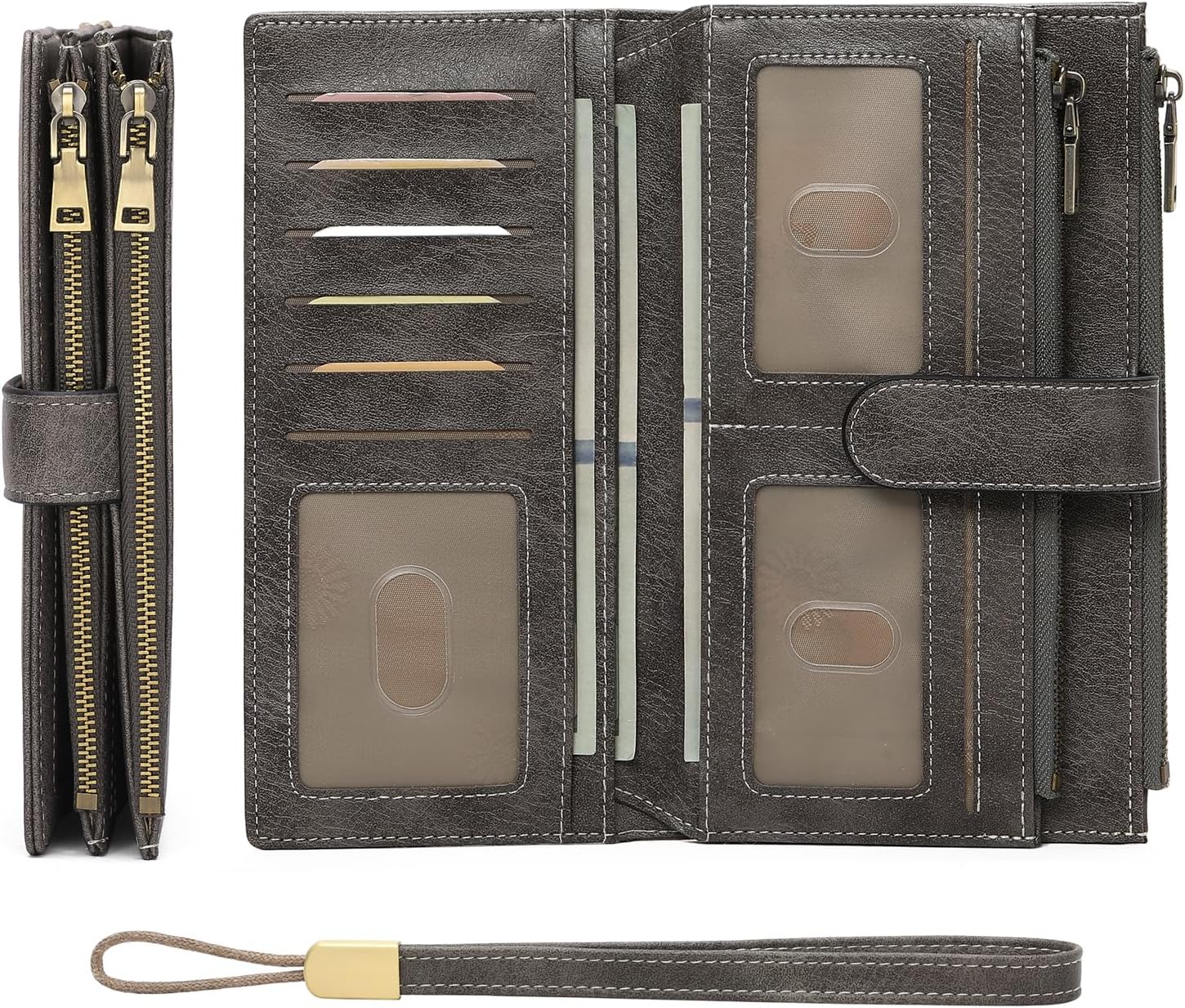 GOIACII Large Wallet for Women Leather Wristlet, A03 Grey-2 Zippers, Classic | RFID Blocking, Multi-card Slots, Detachable Wrist Strap, Trifold Clutch Purse