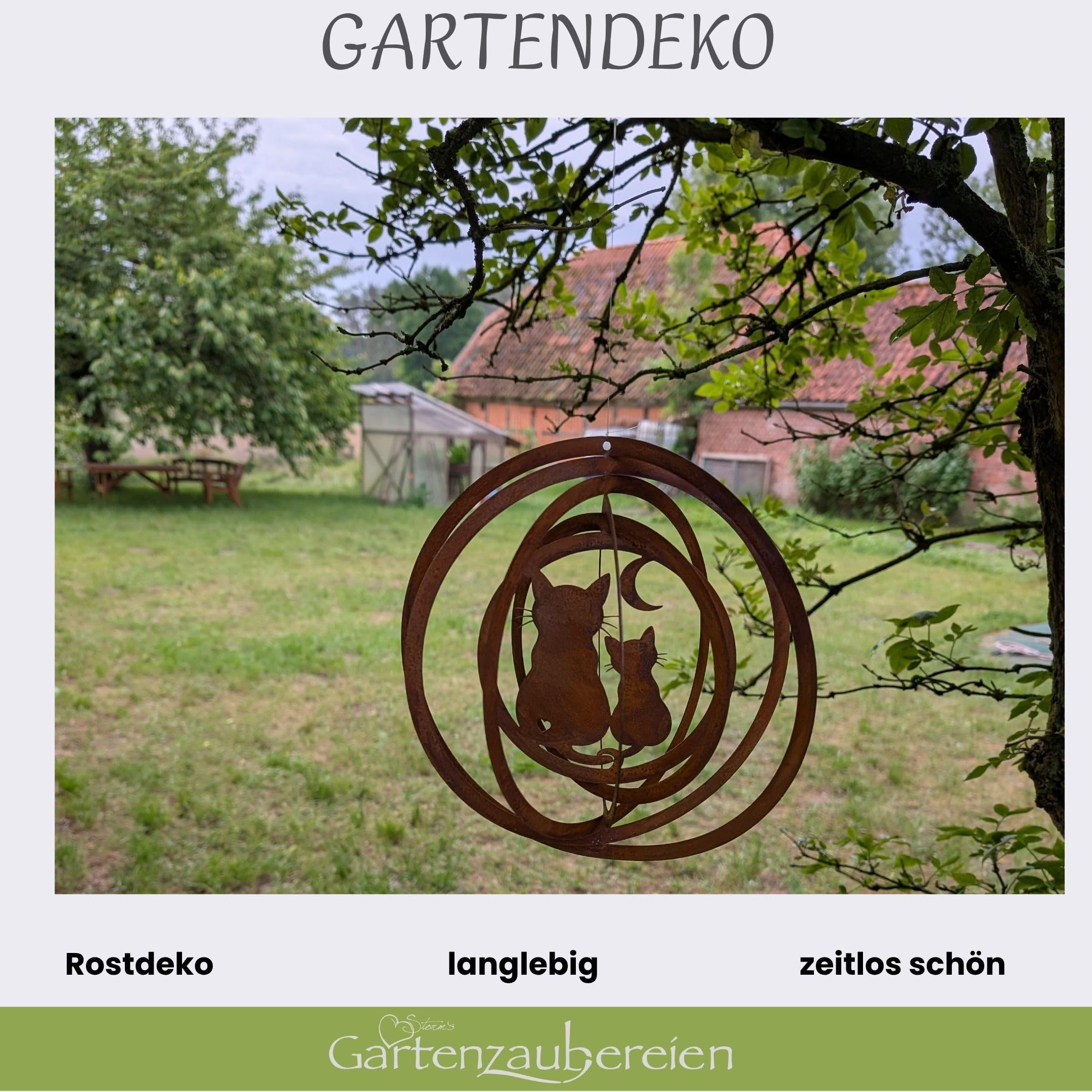 Windspiel aus Edelrost mit 2 Katzen - 3D Metall Windspiel für Garten - Balkon - Rostdeko Hängedeko - Geschenkidee für Katzenliebhaber - Ø ca. 24 cm