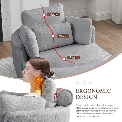 Miniatura 5 de Silla giratoria con otomana de almacenamiento en forma de media luna, moderno club de tela de peluche, sofá individual giratorio de 360 grados,