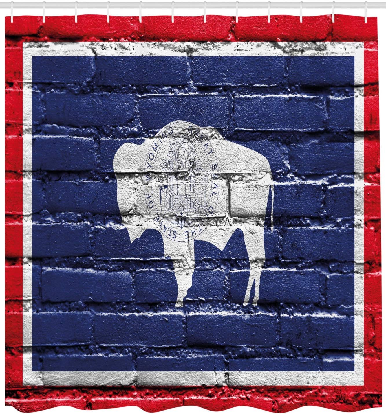 Ambesonne Wyoming Shower Curtain, Flag of Equality State with Bison Print Painted on Brick Wall, Cloth Fabric Bathroom Decor Set with Hooks, 69" W x 70" L, Night Blue White