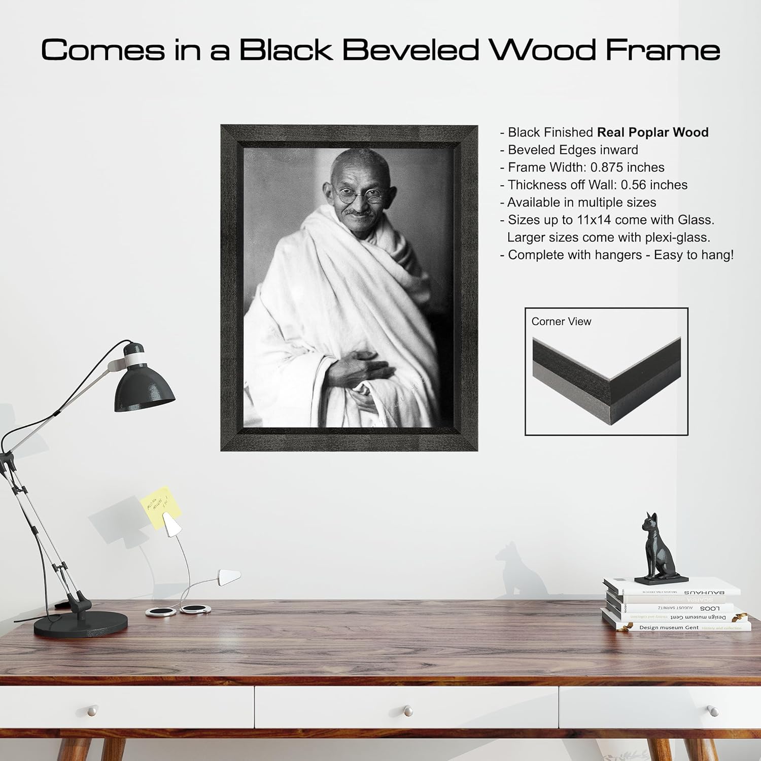 Mahatma Gandhi Photograph in a Black Beveled Frame - Historical Artwork from 1931 - (5" x 7") - Matte