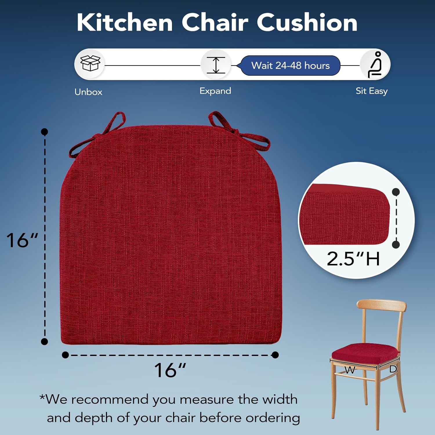 Chair Cushions for Dining Chairs, Non Slip Chair Pads with Ties and Washable Covers, Memory Foam Kitchen Chair Cushions Set of 4, 16"X16"X2.5", Red Red Pack of 4