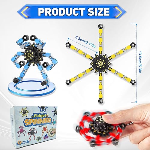 Miniatura 13 de Fidget Spinners transformables, 3 juguetes sensoriales divertidos para adultos, cadena deformable, robot, spinner, juguete giroscopio para aliviar 3