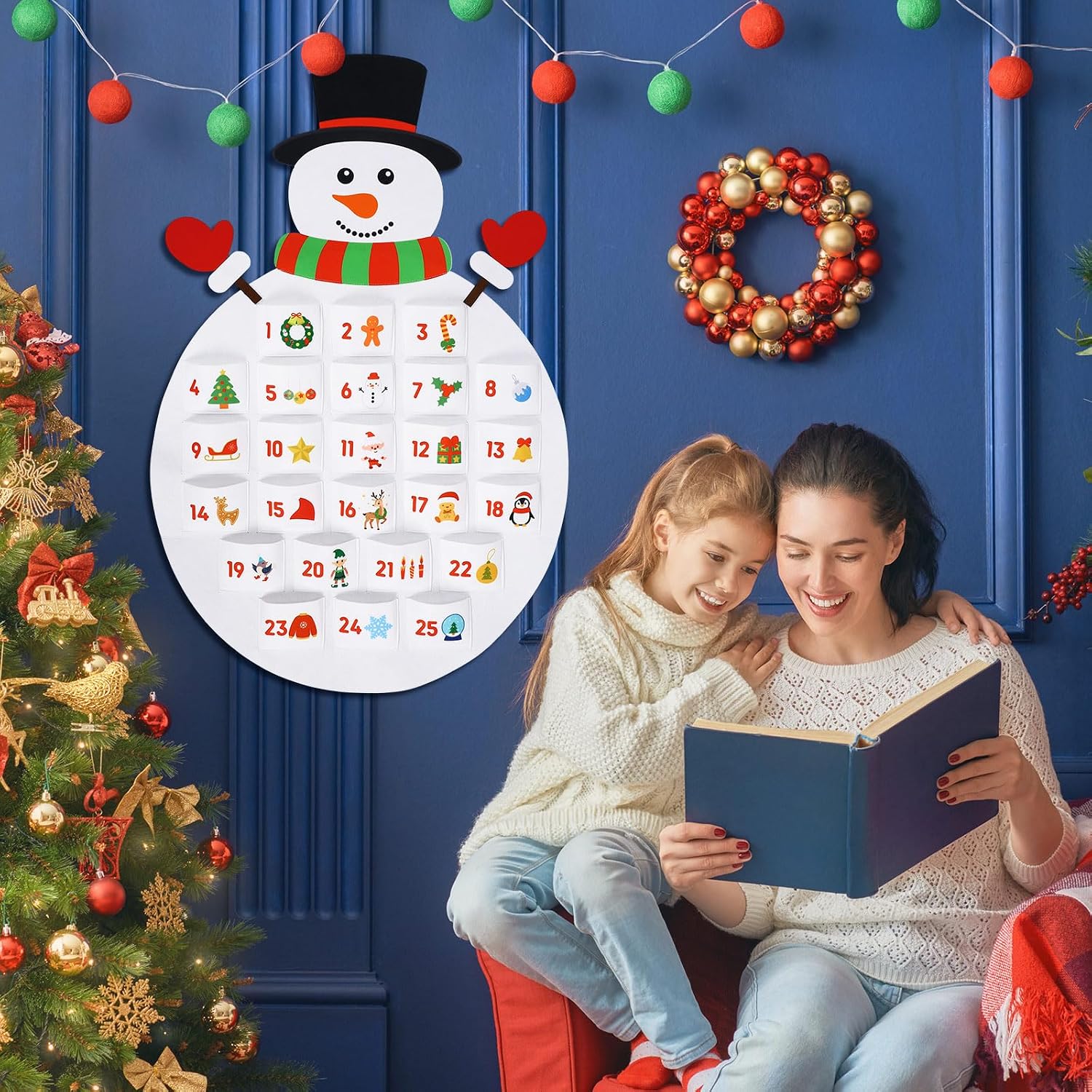 Newwiee Christmas Hanging Advent Calendar with 24 Days Pockets Count Down to Christmas Decorative and Reusable Xmas Countdown Calendar Wall for Home Door Snowman Countdown Decor, 40 x 25.5 Inches