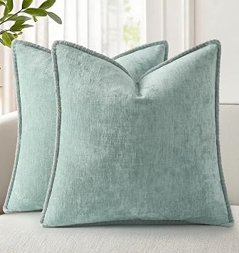 decorUhome Soft Chenille Throw Pillow Covers 12x12 Set of 2 Aqua Haze | Fall Textured Decorative Throw Pillow Cases Stitched Edge Modern Farmhouse Luxury Boho Velvet for Couch Sofa Bed Home Decor