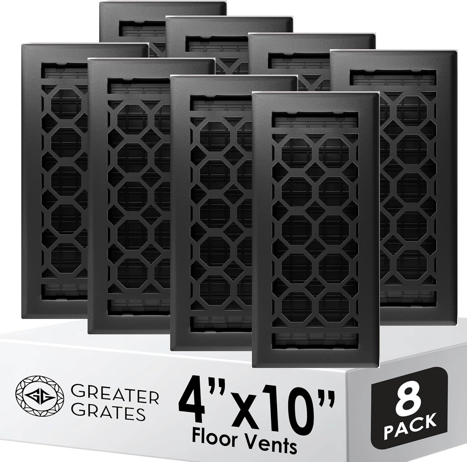 Floor Register 4x10 Vent Cover – 8 Pack – Heavy-Duty Steel, Rustproof & Walkable Grates, Drop-in Install, Adjustable Air Supply Switch - Decorative Honeycomb Design, Textured Black