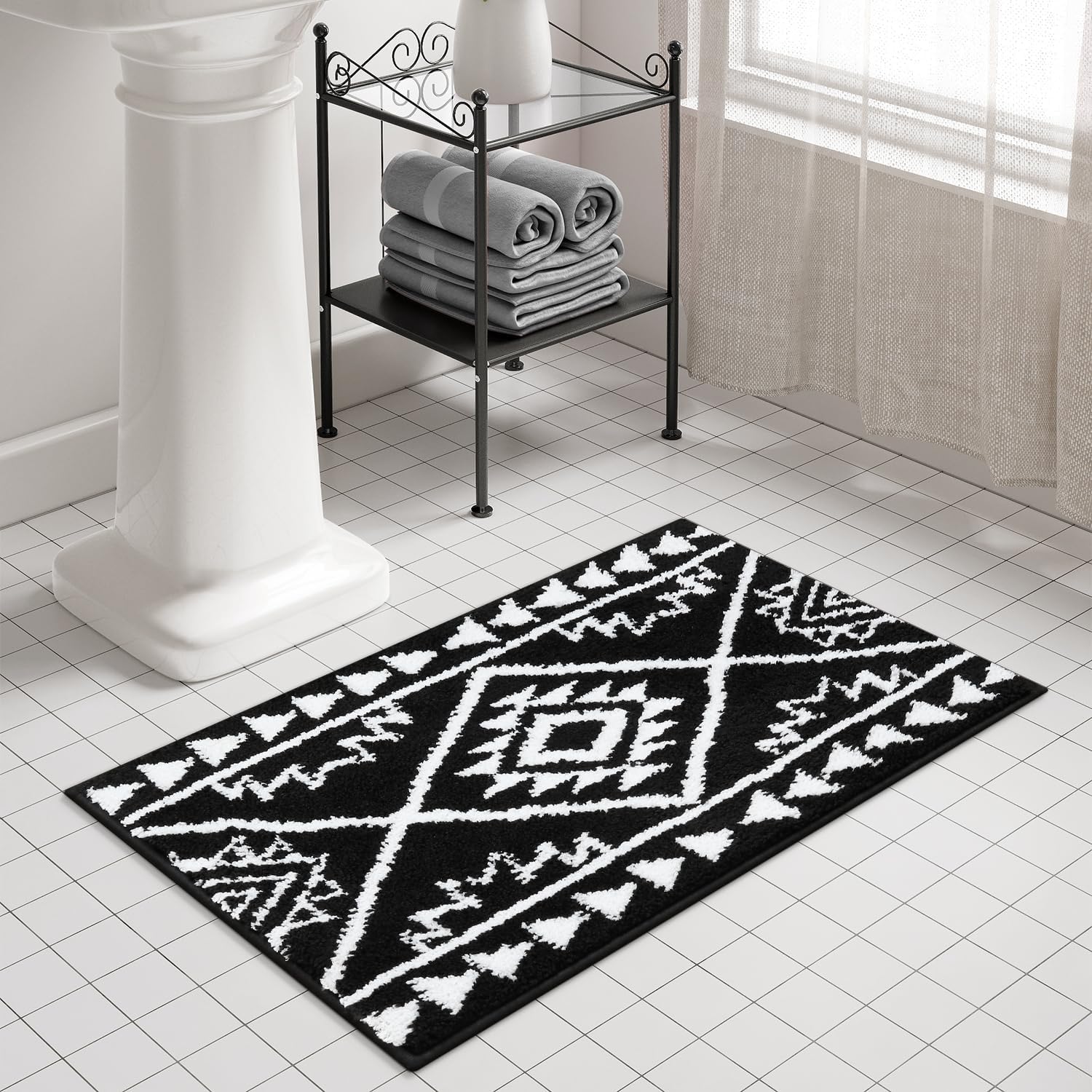 Uphome Black Bathroom Rug Boho Shaggy Soft Bath Rug Western Non-Slip Machine Washable Bathroom Mat Absorbent Geometric Rustic Tribal Shower Rug for Toilet Tub Vanity, 20x32 inch - Image 7