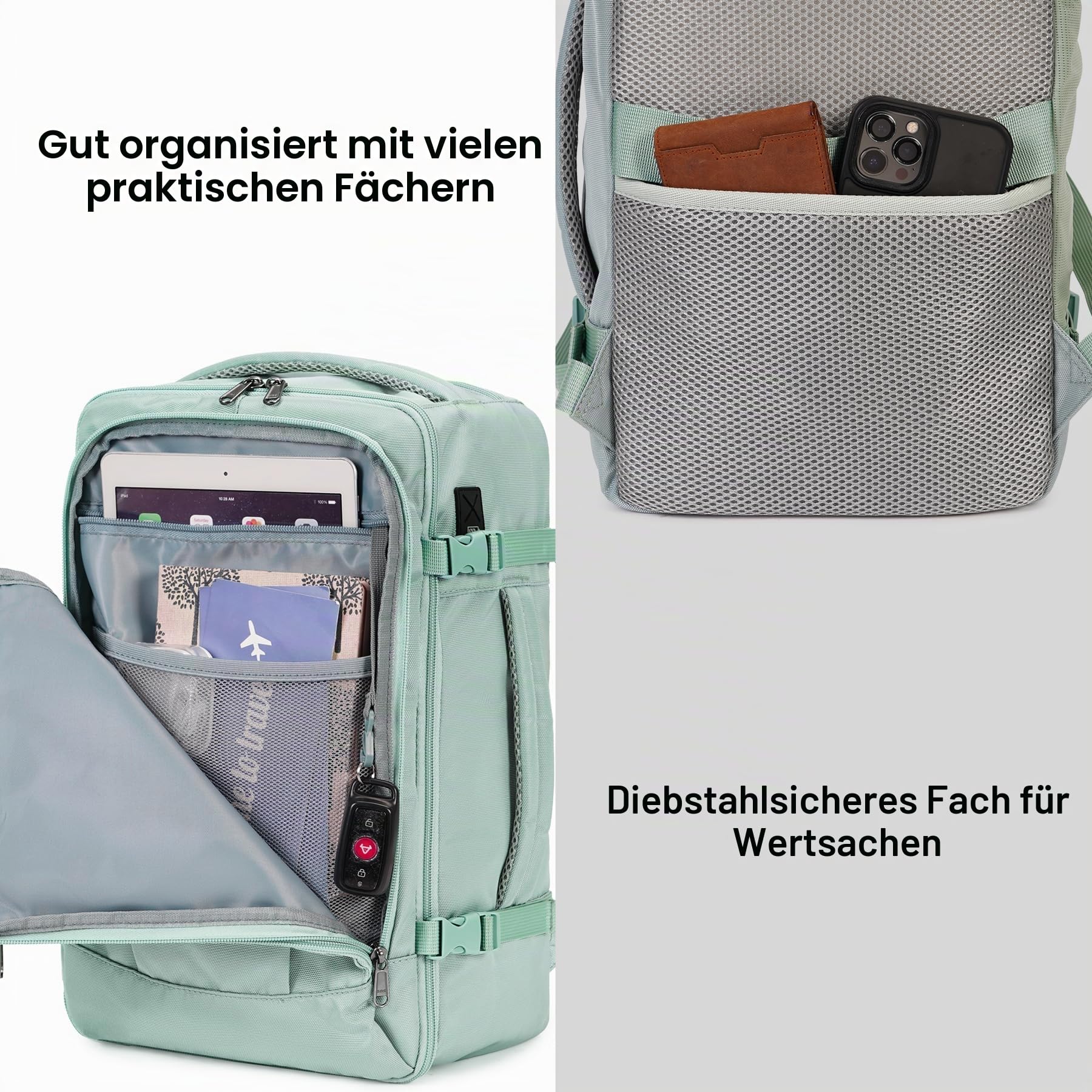 ECOHUB Rucksack 40x20x25 Ryanair Handgepäck 13 Taschen Reiserucksack Flugzeug Carry-ons Wasserdichter Rucksack Damen Klein PET-Recycelte Umweltfreundliche 20L,Patentiert(Hellgrün)