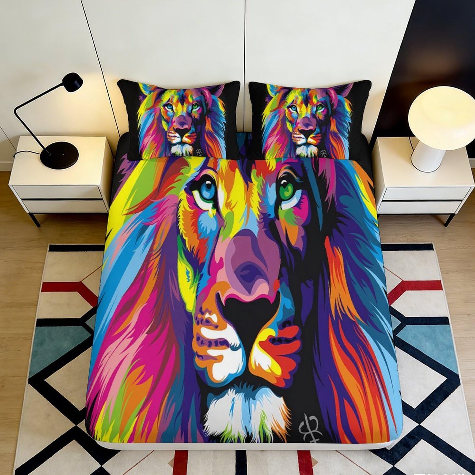 Pnayamiorkfel Style-3 3D Printed Colorful Lion Fitted Sheet Microfiber Anti-Slip Artistic Bed Cover For Bedroom Guest Room Decor Easy Care 90X200x25cm