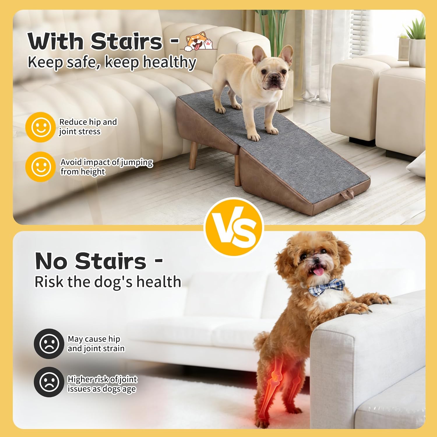 Dog Stairs for Small Dogs and Cats 13.6" H, 2-in-1 Foldable Wooden Pet Steps & Dog Ramp for Couch and Bed with Encrypted Non-Slip Surface, Sturdy Split Ottoman Design for Puppy, Brown