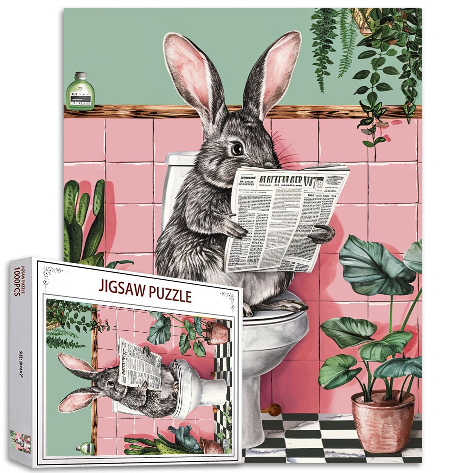 Tucocoo Cute Rabbit Newspaper Puzzles for Adults, 1000 Pieces, Funny Animals, Bunny on Toilet, Art, DIY, Crafting, Puzzles for Home Decoration, Gifts Family Challenging Puzzle — image 1