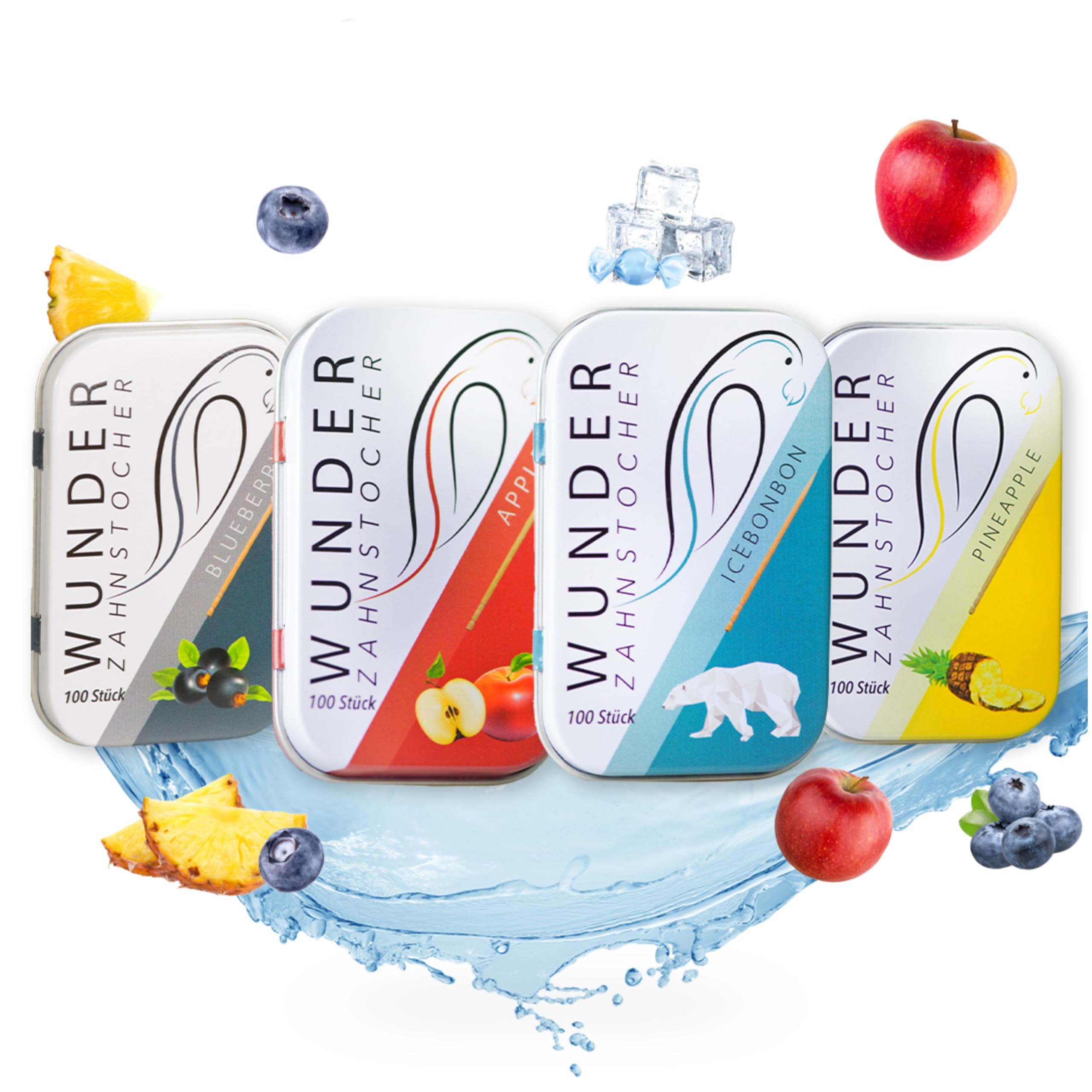 Wunder Flavoured Toothpicks - Starter Pack - 4 x 100 Flavor Tooth Picks in Metal Tins - Long-Lasting Flavour - Fresh Breath - Helps Reduce Nail-Biting - Supports Smoke-Free Moments - Sugar-Free