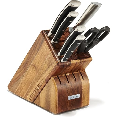Wüsthof Seven Acacia Block 7-Piece German Set | Precision Forged High Carbon Stainless Steel Kitchen Knife, 15 Slot Wood, Model 8347-6