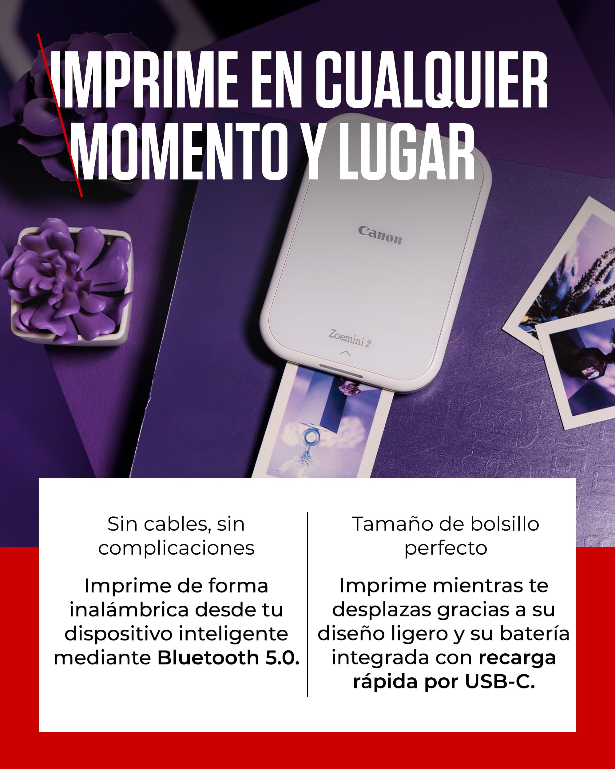 Canon Zoemini 2 Kit de Impresión – Impresora Fotográfica Portátil y Compacta – Bluetooth 5.0 – Carga Rápida USB C Ideal para Viajes (Blanco)