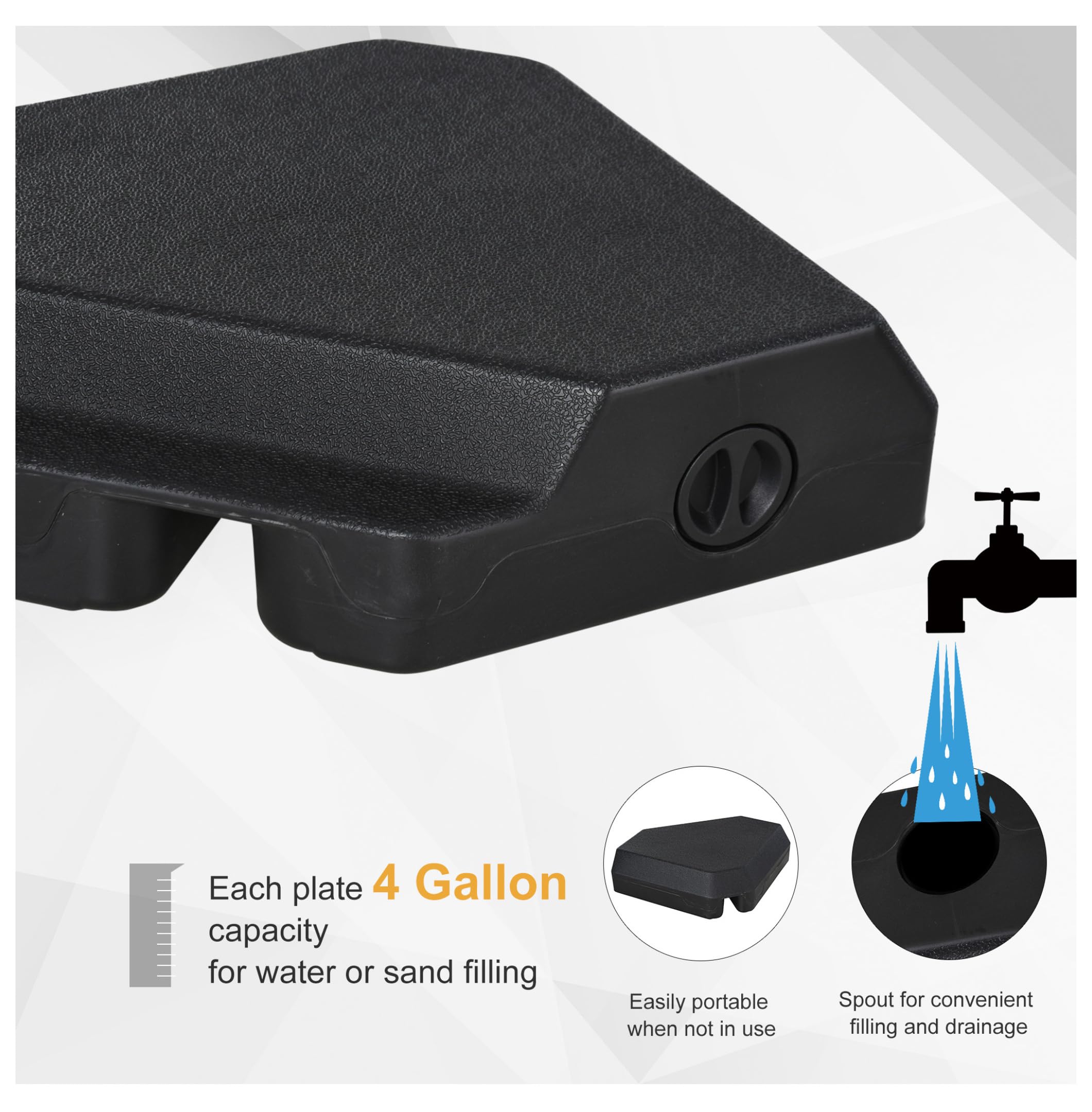 Ce Socle de Parasol d'extérieur Robuste en 4 pièces - Support de Poids de 72 kg (Sable) / 60 kg (Eau) - Pied déporté Noir pour Une stabilité et Une durabilité maximales