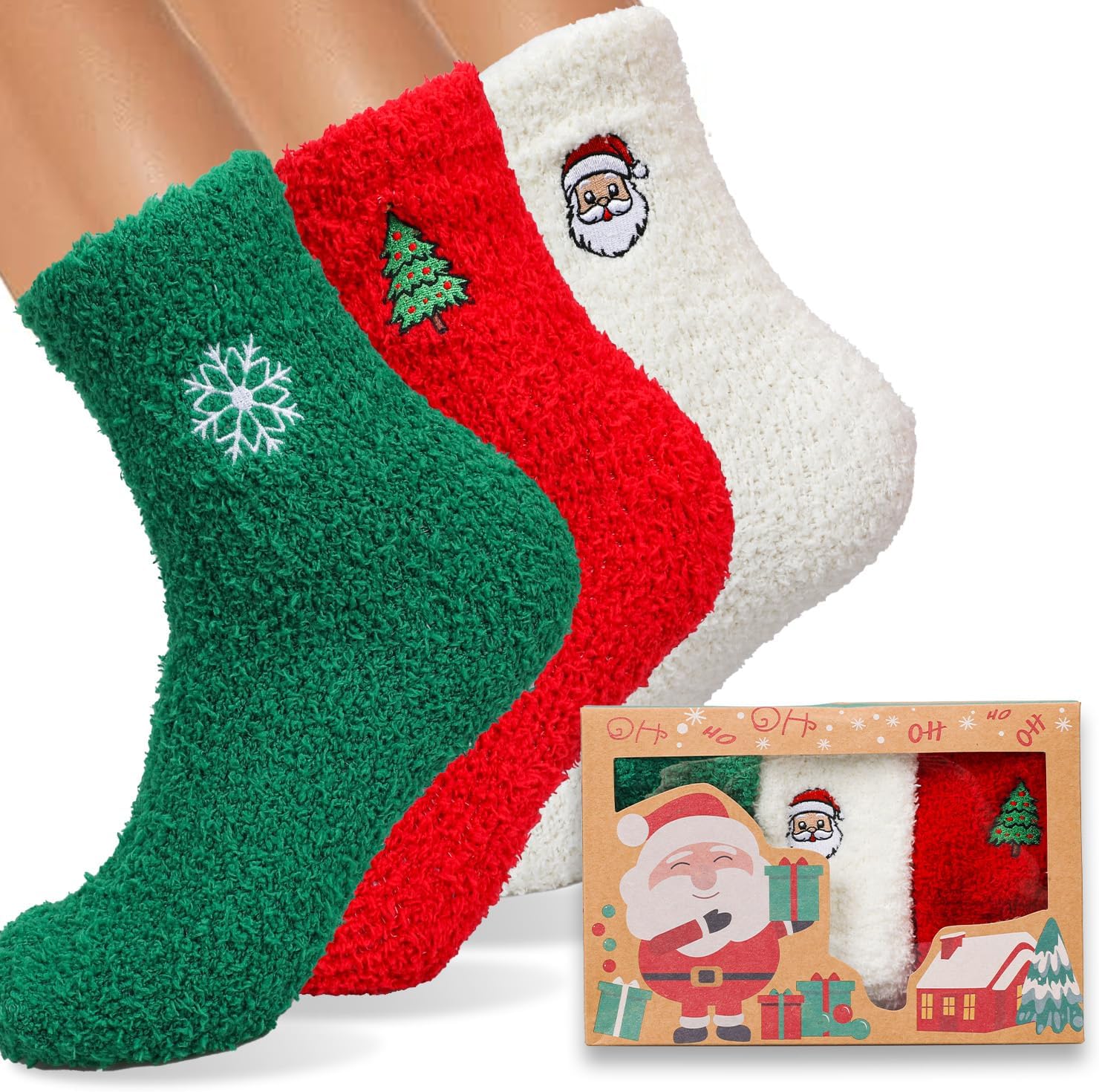 3 Pairs Christmas Fuzzy Warm Fluffy Winter Socks for Adults, Coral Fleece Cozy Holiday Present Socks with Gift Package