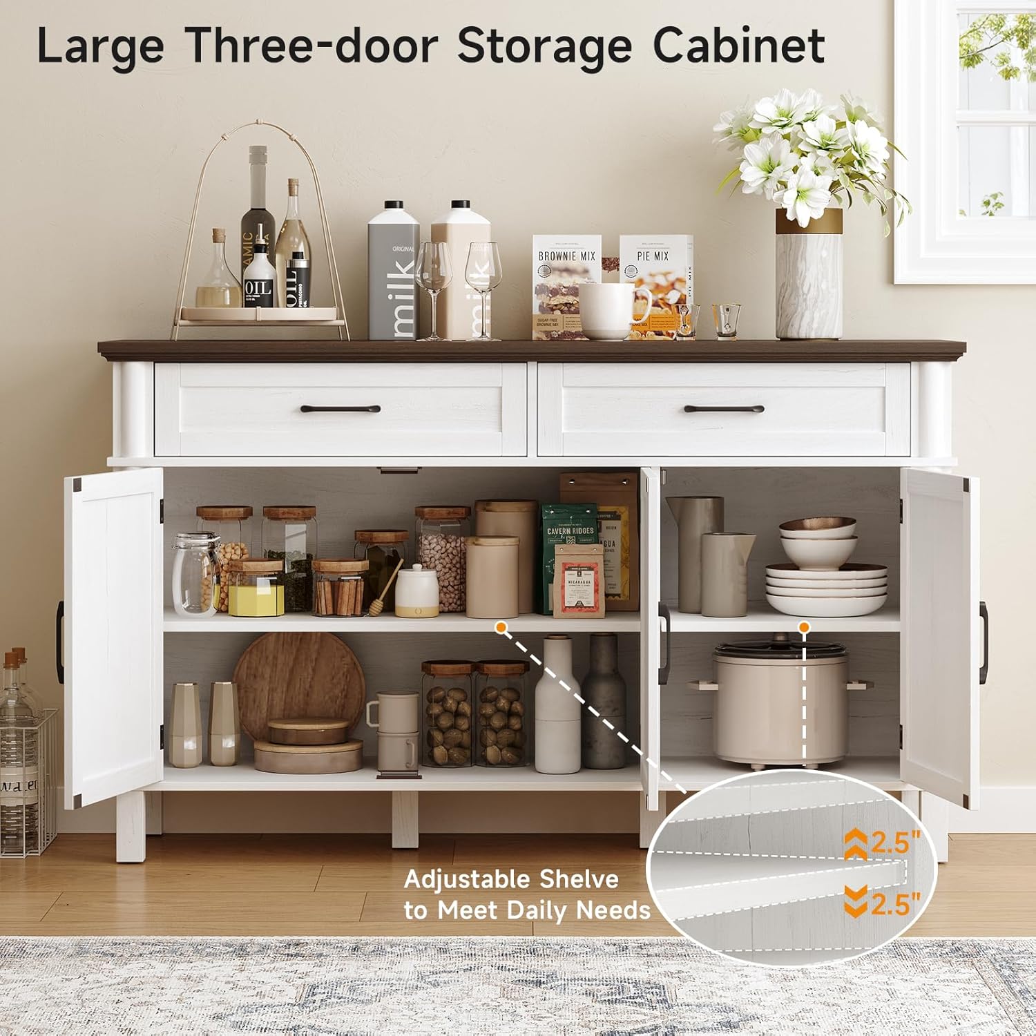 55 Inches Buffet Cabinet with Storage, Farmhouse Sideboard Buffet w/2 Drawers and 3 Doors, Wood Coffee Bar Cabinet with Adjustable Shelves, Sideboard Storage for Kitchen, Living Room, Off White