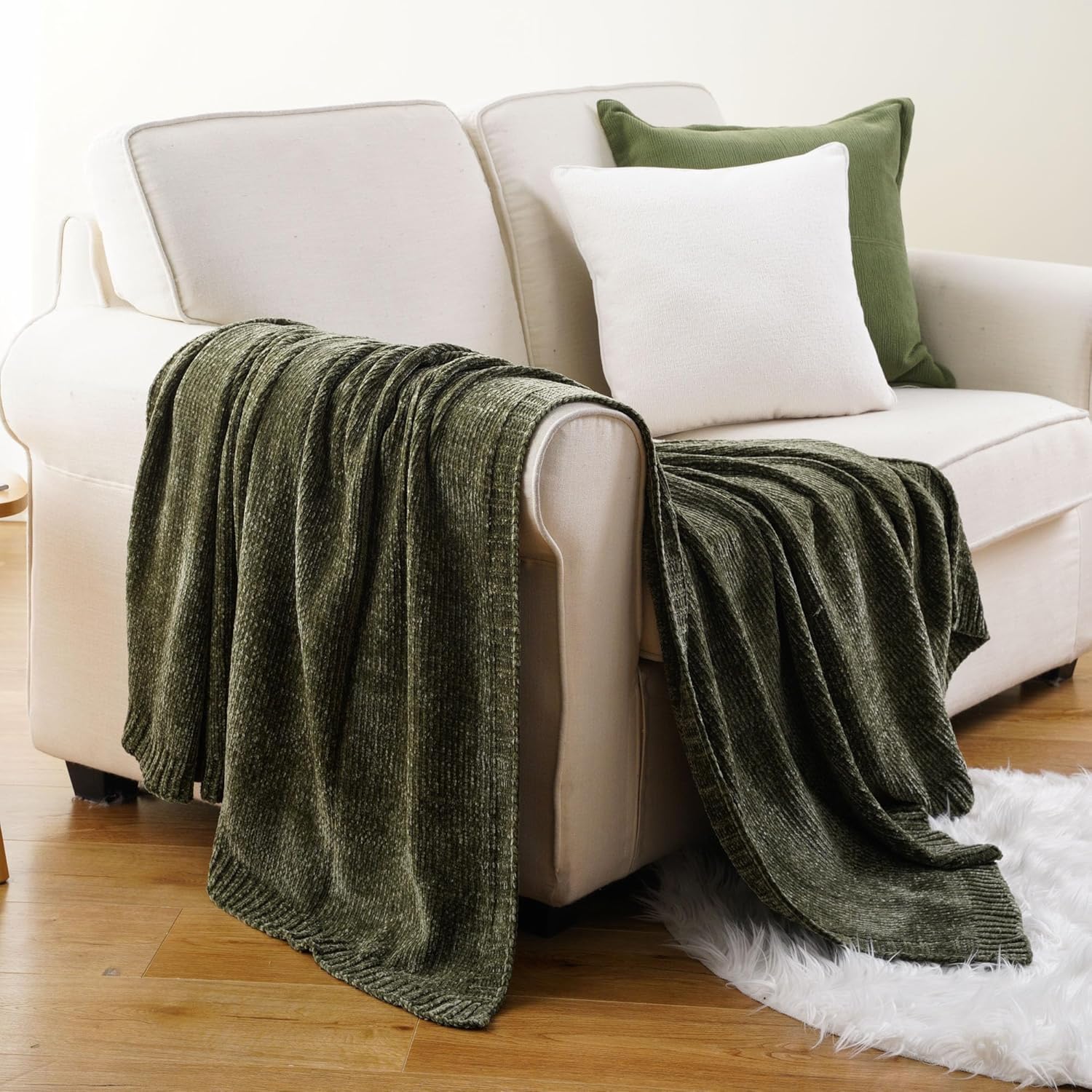 BATTILO HOME Olive Green Chenille Throw Blanket for Couch, Cozy Knit Throw Blanket for Bed Sofa Outdoor, Super Soft Warm Green Blankets Chenille Blankets for Home Decor, 51"x67" - Image 5
