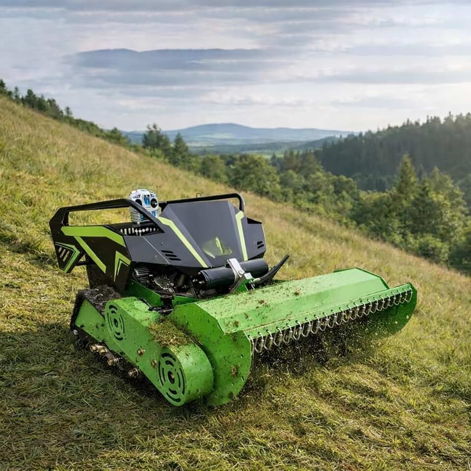 Remote Controlled Grass Cutter, Tracked Lawn Mower for Slopes and Uneven Surface, Wireless RC Heavy Duty Machine for Farm Yard Hillside Maintenance
