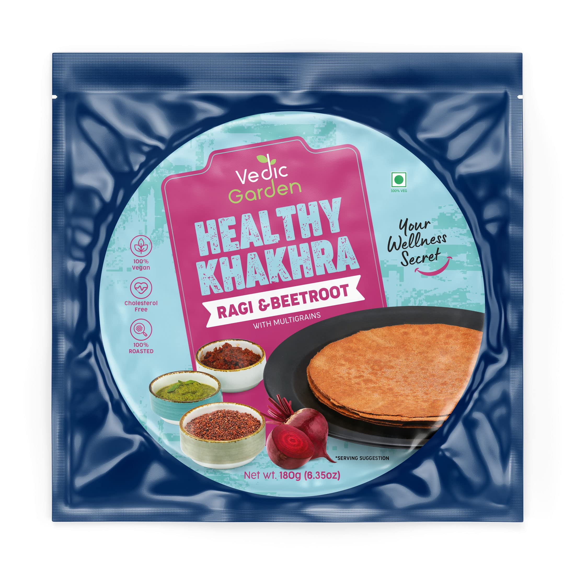 Vedic Garden Healthy Ragi & Beetroot Khakhra With Multigrain, 1.1 KG I No Palm Oil I 100% Roasted Khakra I High in Protein & Fiber I Diet Crispy Traditional Indian Snack for Weight Loss - Pack of 6