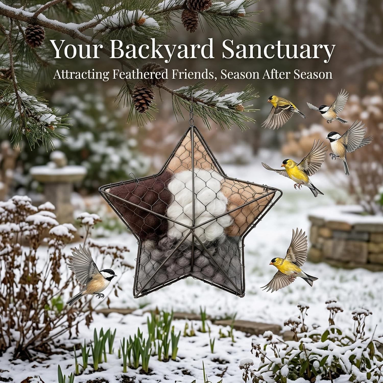 Star-Shaped Alpaca Fiber Bird Nesting Holder - Refillable Hummingbird & Wild Bird Nest Material Station, Rust-Proof Garden Art & Winter Shelter for Backyard Birds