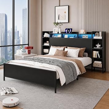 Twin Size Bed Frame with USB Charging Station, Storage Headboard and with Led Light, Heavy Duty Metal Platform Bed Frame, No Box Spring Needed, Black