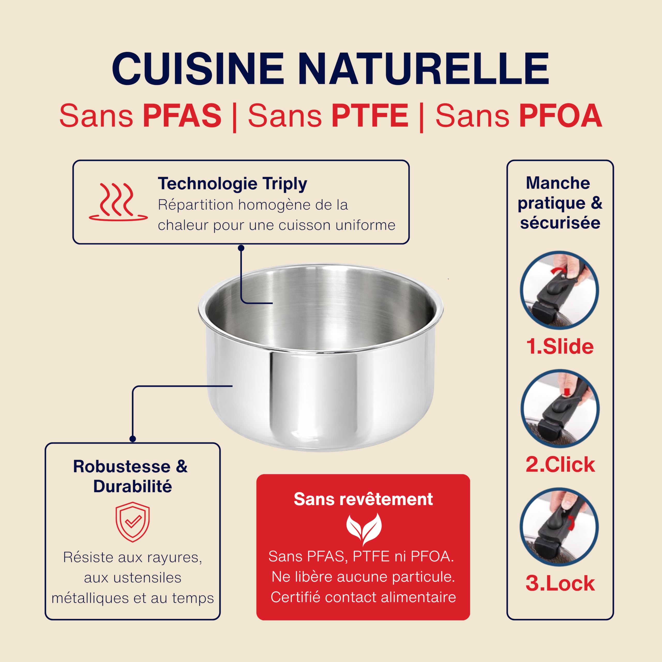 Lot Coffret de 3 Casseroles Inox 18/10 Triply - 16/18/20 cm - Manche Amovible - Sans Revêtement - Sans PFAS, PFOA, PTFE - Compatible Tous Feux Dont Induction - Cuisson Saine et Durable