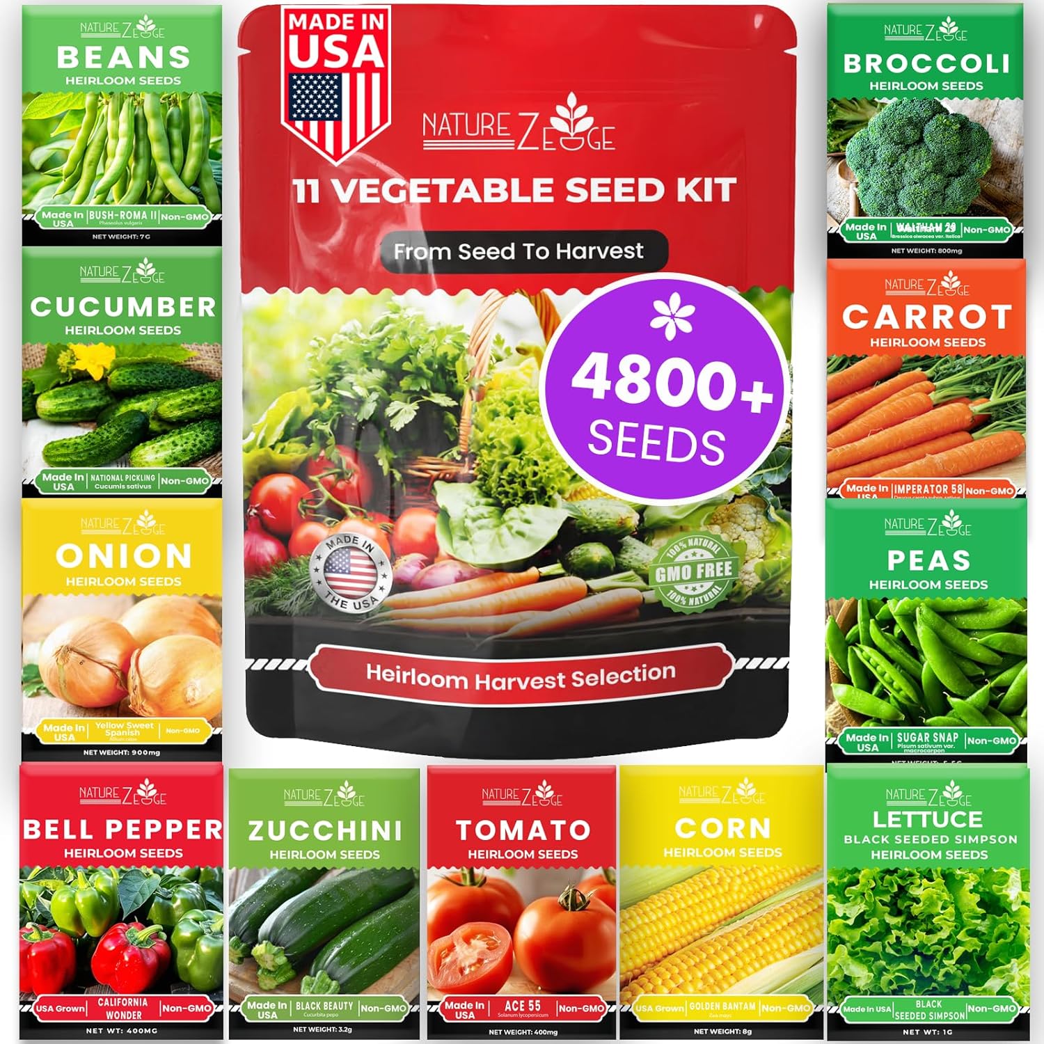NatureZEdge 4800 Survival Seed Vault: 11 Non-GMO Heirloom Vegetable & Fruit Seeds for Prepping, Winter Gardening & Home Harvests