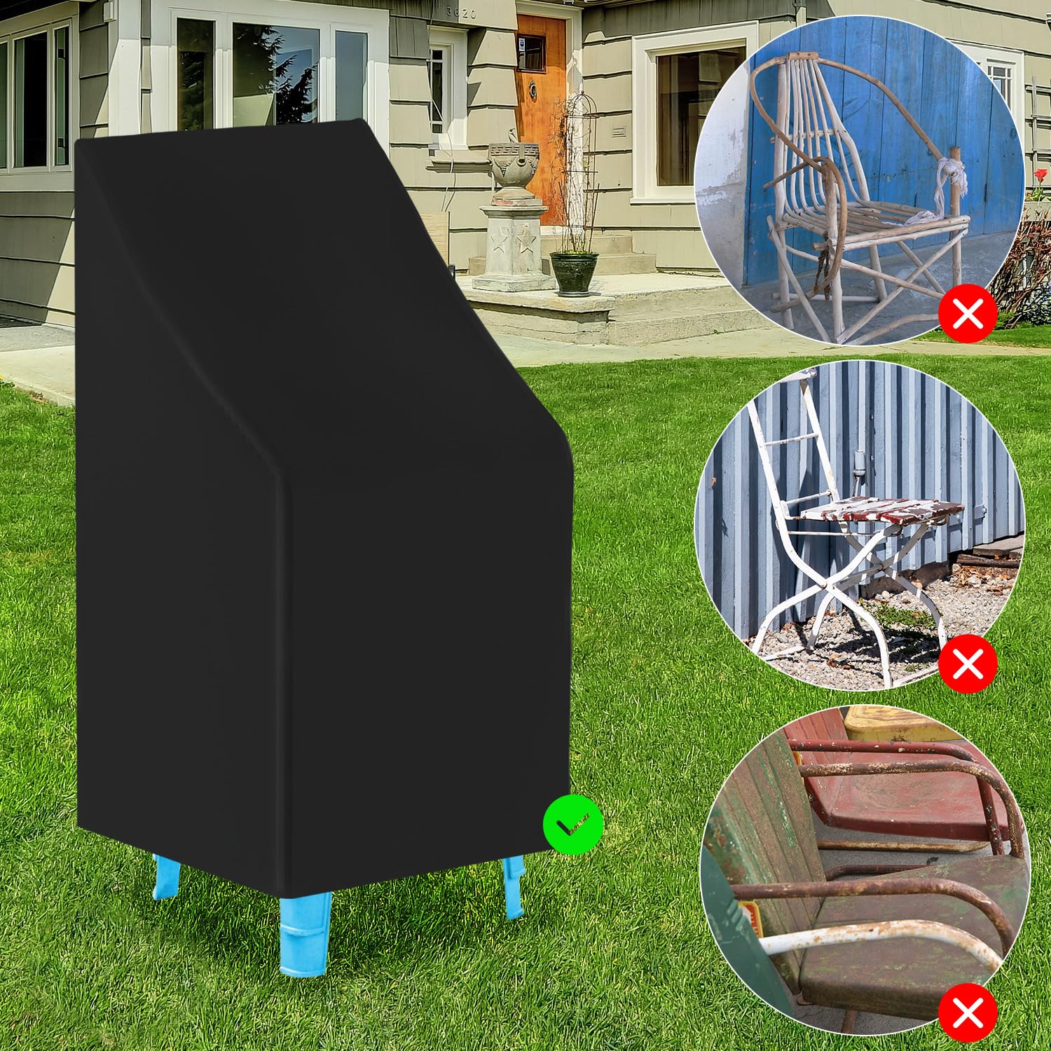 QWORK® Pokrowiec na krzesła ogrodowe, osłona UV i odporna na wodę do krzeseł układanych w stos, 65 x 65 x 80/120cm Pokrowiec na krzesło ogrodowe