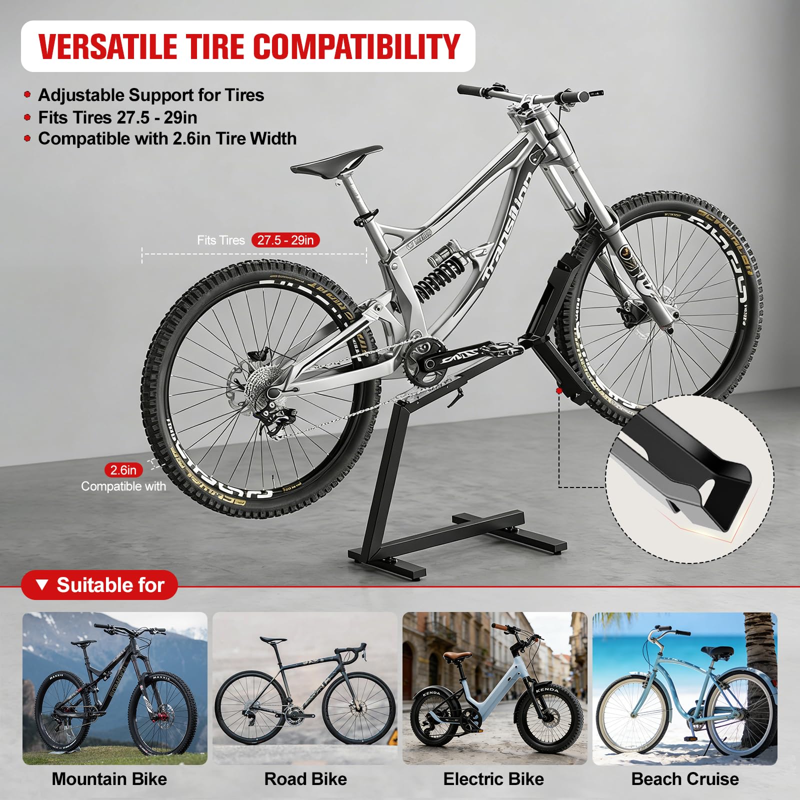 Cavalletto posteriore 2 in 1 per riparazione e stoccaggio, supporto stabile per mountain bike e bici elettriche fino a 45 kg, struttura in metallo con fissaggio anteriore della ruota, regolabile per