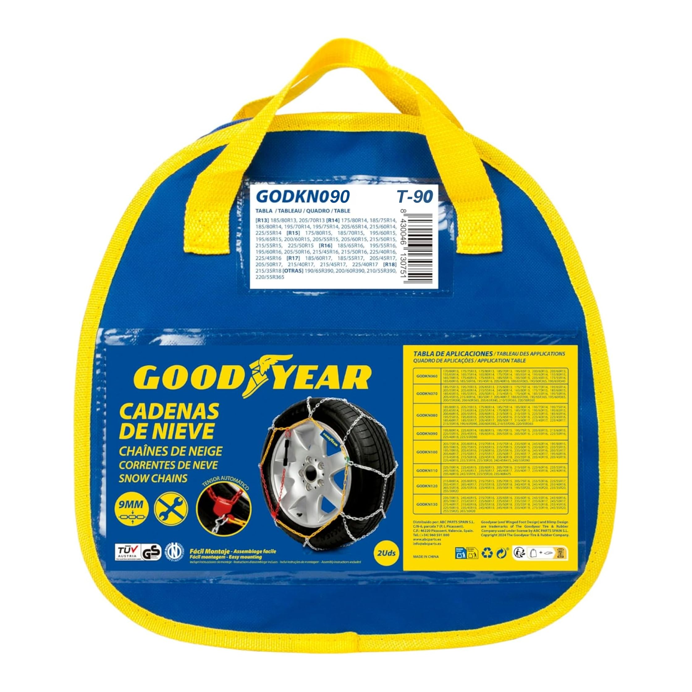 Jeu de 2 Chaînes à Neige en Métal de 9 mm pour Voiture Taille 90 avec Tendeur Automatique Goodyear