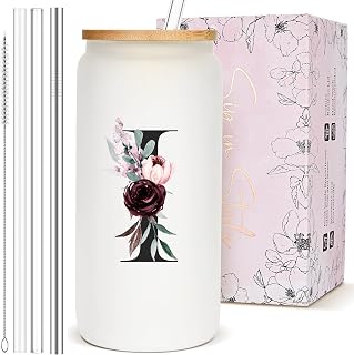 Personalized Customized Gifts for Women, Monogrammed Cute Glass Cup with Lid and Straw, Initial Iced Coffee Cup, Custom Letter Drinking Glasses Tumbler Mug, Christmas Birthday Gifts for Her Sister, I