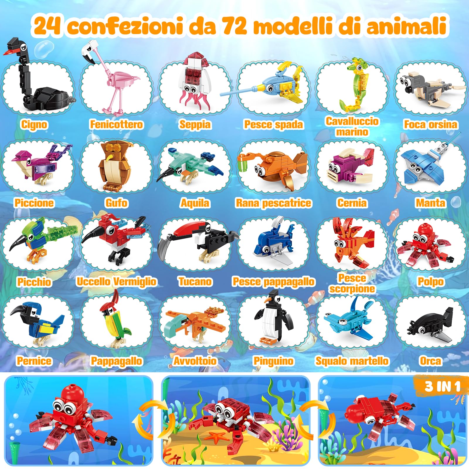 MOONTOY Regalini Fine Festa Compleanno Invitati, 24 Pack Animali Blocchi da Costruzione Gioco Costruire, 3 IN 1 Mini Mattoncini Costruzioni Bambini 3-12 Anni, Party Favors per Pasqua Carnevale Natale