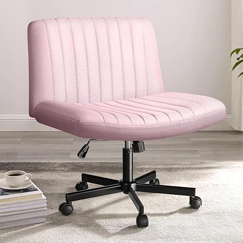 PUKAMI Criss Cross Chair with Wheels,Fabric Padded Armless Cross Legged Office Desk Chair for Home Office,Modern Swivel Height Adjustable Wide Seat Computer Task Vanity Chair(Pink) - Pink - Traditional