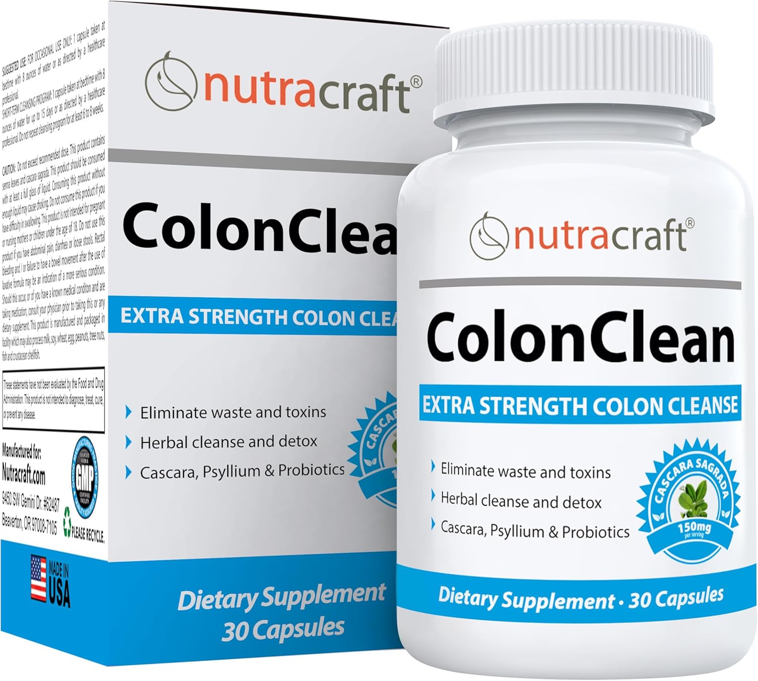 ColonClean #1 Colon Detox and Constipation Relief | Senna, Cascara Sagrada, Psyllium, MCT, Aloe and Probiotics | 30 Capsules