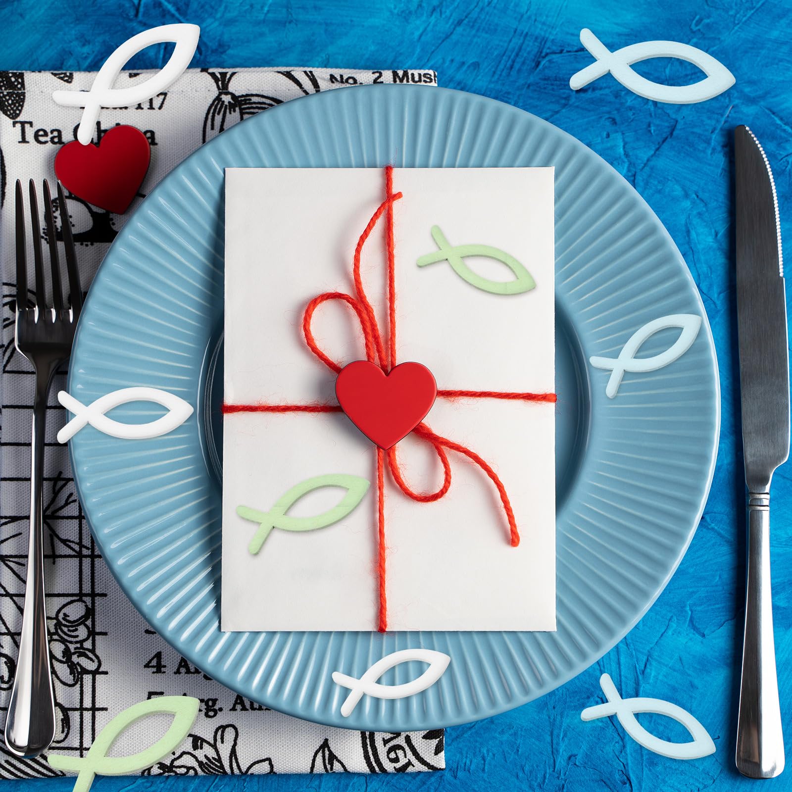 Nogeqi 90 pezzi di pesce in legno cresima decorazione per bambini, decorazione per tavolo di pesce, cresima, decorazione per battesimo, pesce, decorazione per comunione, 3 misure (blu e bianco verde