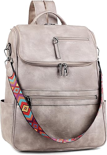 Miniatura 14 de FADEON Mochila para computadora portátil para mujer, mochila de viaje de cuero con compartimento para portátil, bolsa de hombro de PU de diseñador