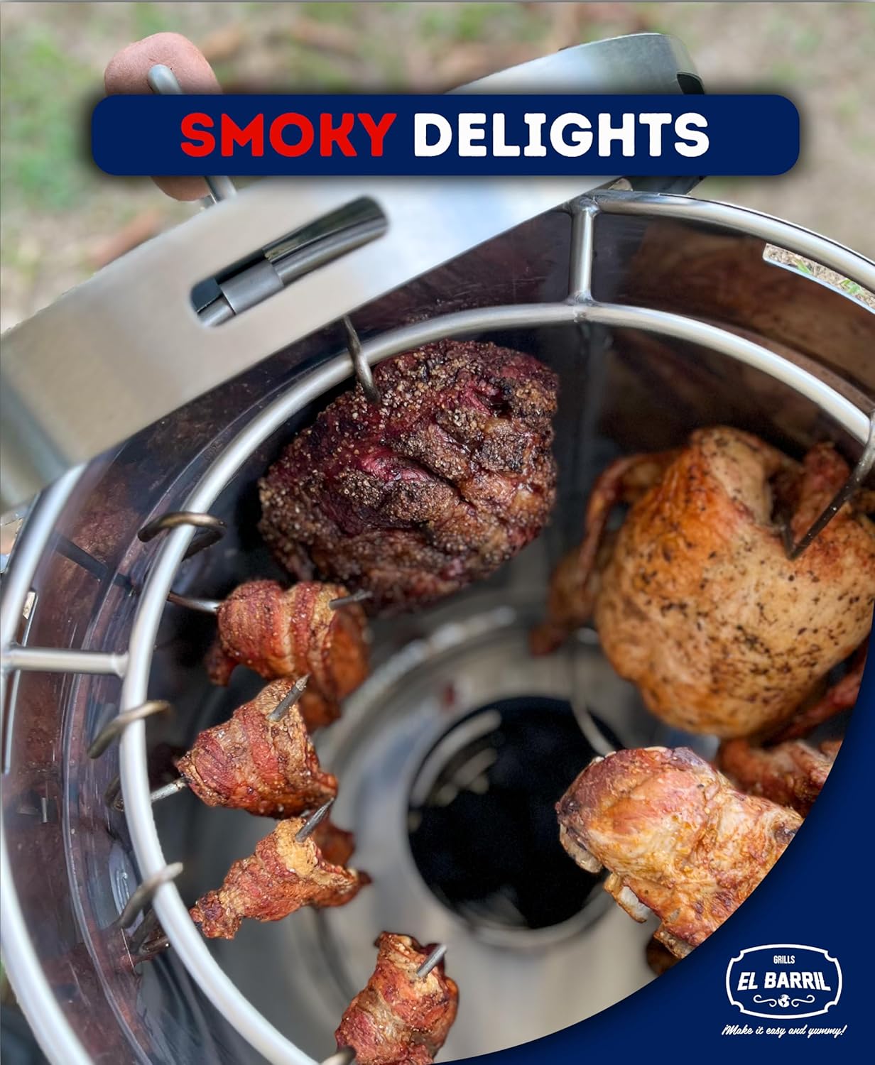 El Barril Lite Medium Barrel Smoker Grill, Stainless Steel 430, 30 lb Capacity, 12 Meat Hooks, Upper Grill and Handler, Portable Charcoal BBQ (Lite 30LBS Medium)
