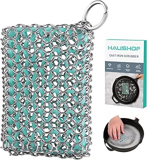 HAUSHOF Cast Iron Scrubber, Chainmail Scrubber with Silicone Core, Premium Cast Iron Cleaner for Skillet, Pan, Dutch Oven