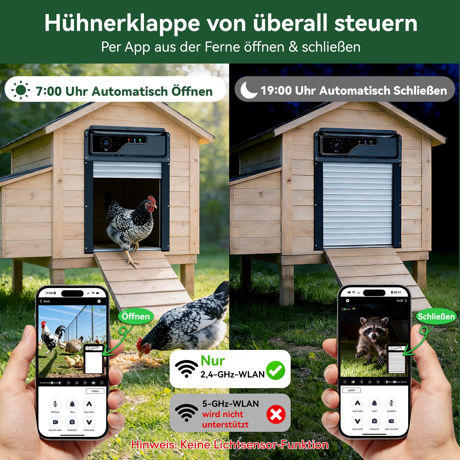 Automatische Hühnerklappe Solar, Hühnerklappe Automatisch mit WLAN-App-Steuerung