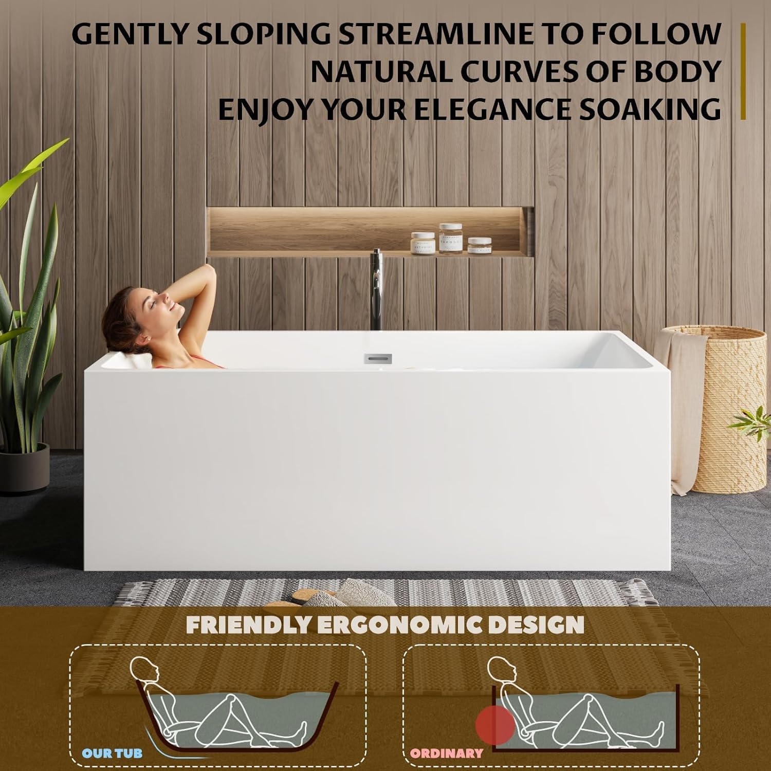 67" Acrylic Free Standing Bathtub, White Contemporary Soaking Tub with Chrome Overflow & Drain, Easy to Install Modern Bath Tub - Image 5