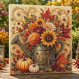 Autumn Pearl Painting Kit with Frame, 5D Pumpkin Pearl Art Craft for Adult, Woodland Animal Pearl Art DIY Kits, Beginner-Friendly Craft, Thanksgiving Harvest Home Wall Decor，Floral Watering Can